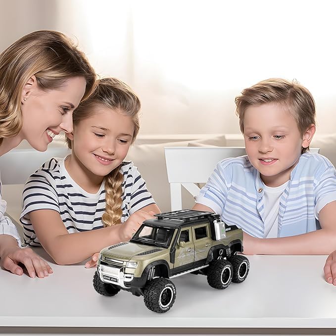 Image of Invite Enterprise Land Rover Defender Six Wheels Off-Road Pickup Car Model - 1:24 Scale Diecast Truck with Pull Back Action, Sounds & Lights - Perfect Collectible for Kids and Adults Multicolor