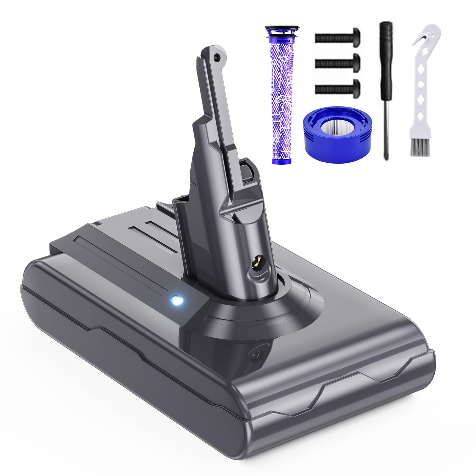 6000mAh For Dyson V8 Battery Replacement - Li-ion Battery for Dyson SV10 Compatible with 21.6V V8 Absolute, Animal, Motorhead, Fluffy Cordless Vacuum Cleaner (2 filters+Cleaning Brush+Screwdriver)