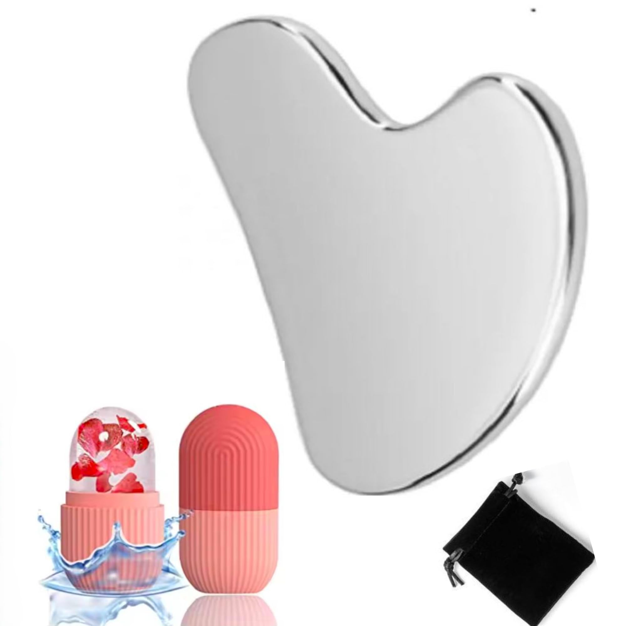 Stainless Steel Facial GuaSha Tool with Ice Face Roller Massager, Gua Sha Scraping Massage Tool and Reusable Food-Grade Leak-Proof Silicone Ice Mold for Eye Wrinkles, Puffiness Relief, Skin Care Tools