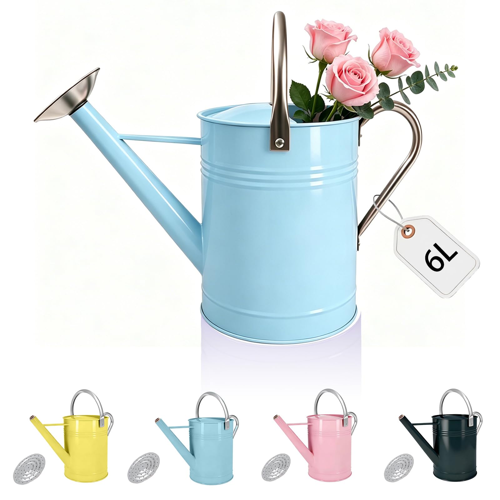 6L Blue Galvanized Watering Can for Outdoor with Long Neck & Removable Watering Can Rose, Rustic Vintage Style Large Metal Watering Can