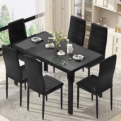 Recaceik 7 Piece Dining Table Set for 6, Tempered Glass Kitchen Table and PU Leather Chairs, Modern Dining Room Table Set for Small Space, Apartment