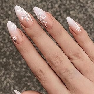 Christmas Press on Nails Long Almond Fake Nails White Gradient Nail Press ons with Snowflake Designs Full Cover False Nails Winter Xmas Acrylic Glue on Nail for Women Girls Manicure 24Pcs