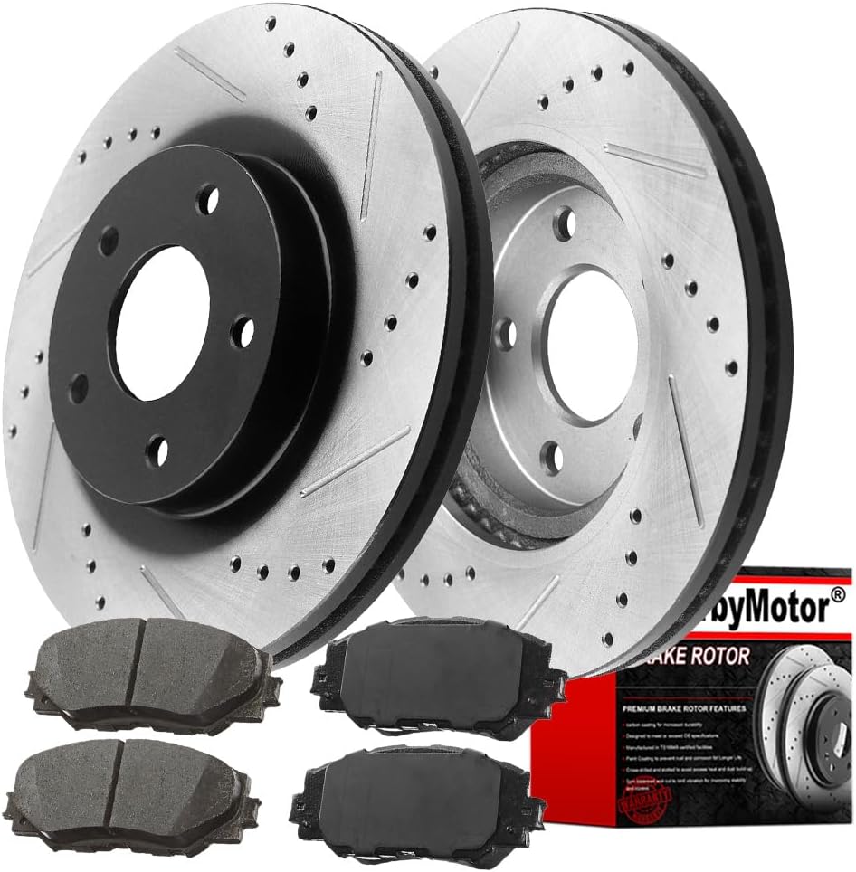 MotorbyMotor Front Drilled & Slotted Brake Rotor and Ceramic Pad Kit for Toyota RAV4