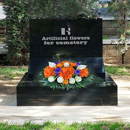 Henomo Headstone Flowers Saddle For Cemetery,Outdoor Grave Decorations Colors Non-Bleed And Easy Fit - Purple Rose And Orange Hydrangea Mix Arrangement,Handmade #TOP2