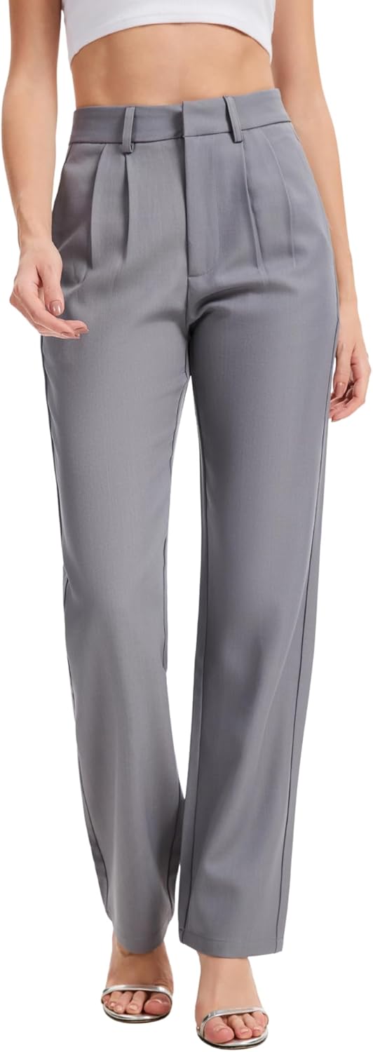 High Waisted Work Dress Pants for Women Straight Leg Business Casual Trousers with Pocket