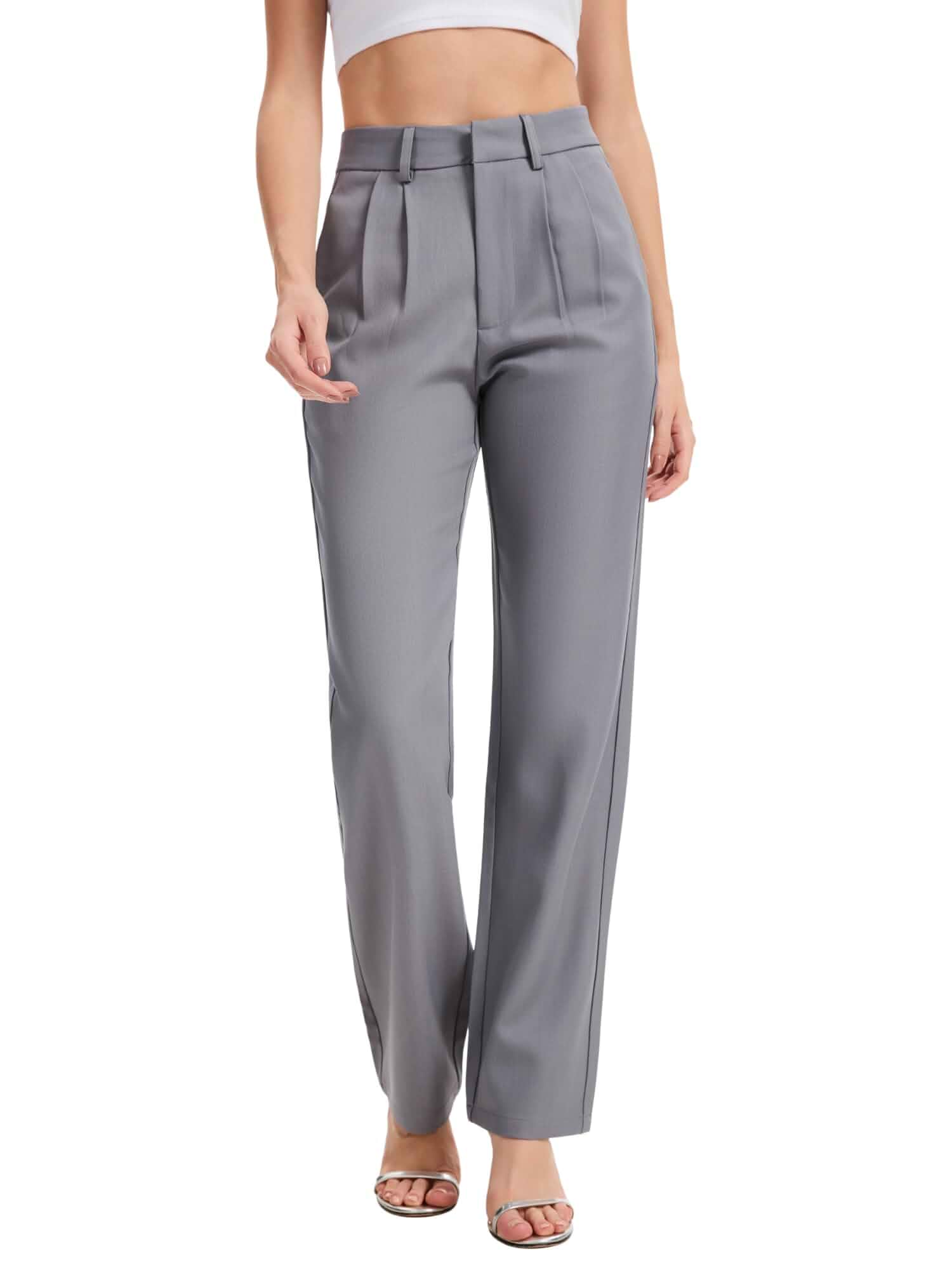 Wanduyini High Waisted Work Dress Pants for Women Straight Leg Business Casual Trousers with Pocket