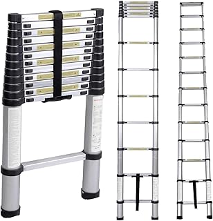 SogesHome 12.5ft Aluminum Folding Ladder Telescopic Extension Ladder 12 Steps Extendable Telescoping Ladder with Spring Loaded Locking Mechanism Non-Slip Ribbing 330lbs Capacity EN131 Certified, NSDCA-JF-001