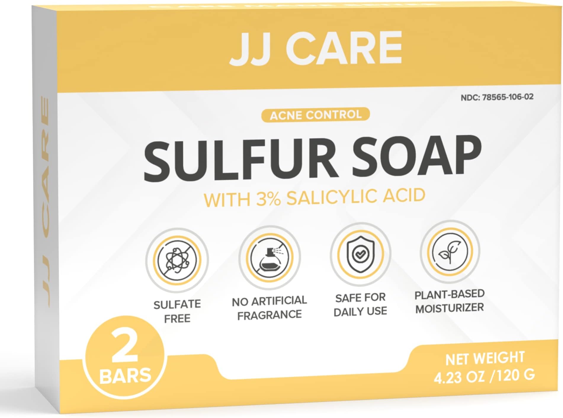 JJ CARE Sulfur Soap for Acne - Pack of 2 Sulphur Soaps, 10% Natural Volcanic Sulphur with 3% Salicylic acid, 4 oz. Sulphur Soap Bar with 100% Lavender Essential Oil for Daily Use