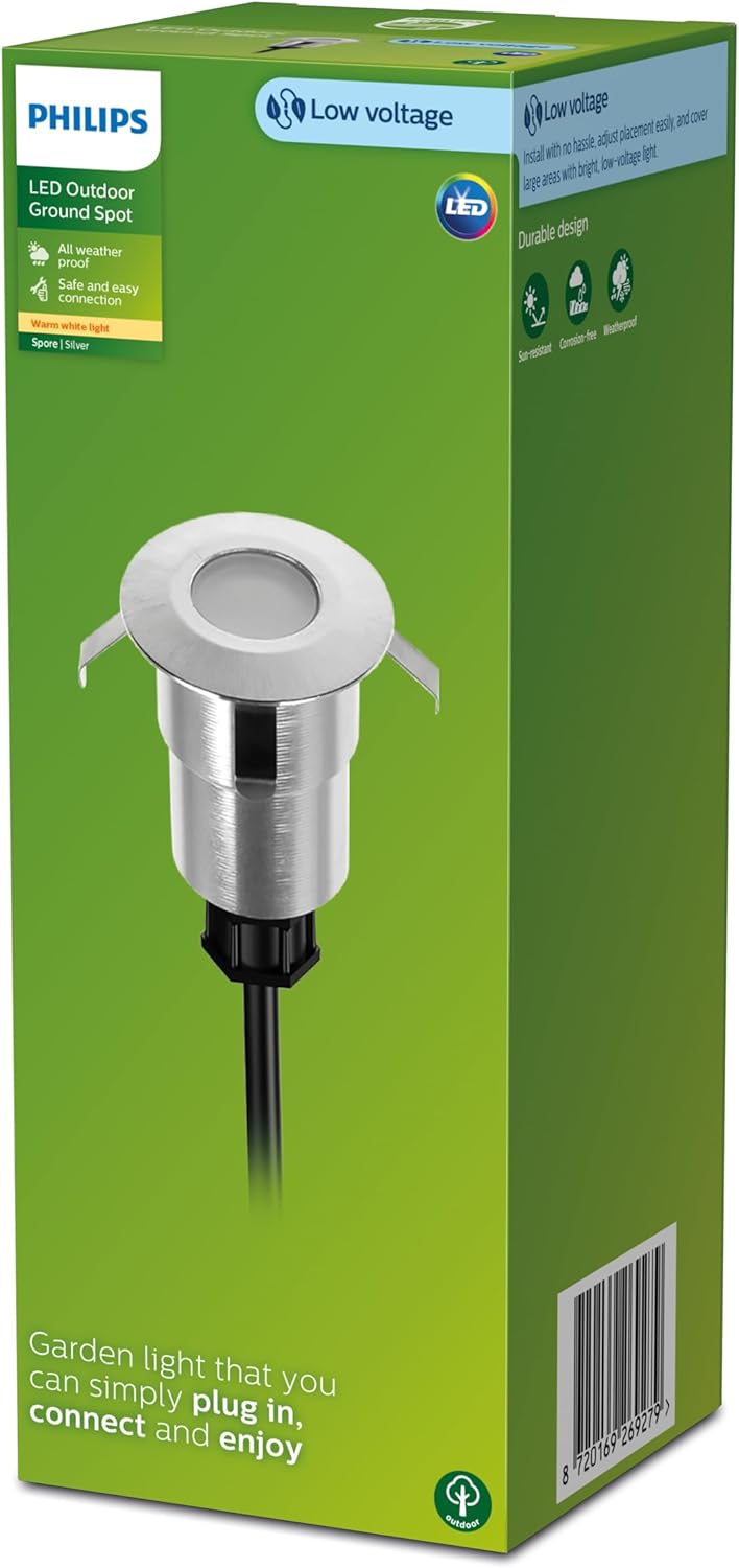 Kemasan ritel pikeun lampu sorot LED Outdoor Ground Philips Spore GardenLink, nunjukkeun produk sareng fitur-fitur konci.