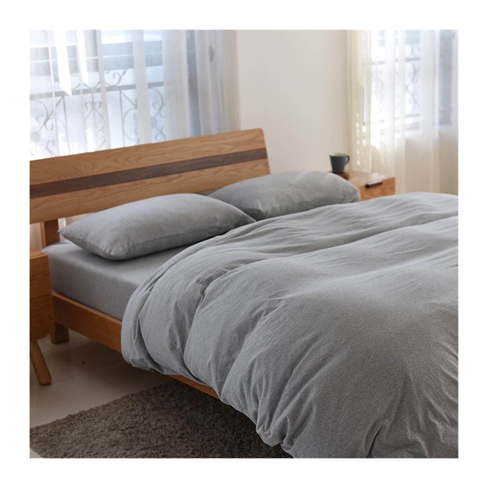 Housse de couette réversible jersey 100% coton avec drap housse et taies d'oreiller gris