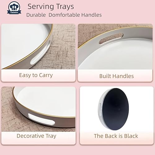 Miniatura 4 de Bandeja decorativa redonda de 13 pulgadas, bandeja blanca para servir con asas, bandeja de mesa auxiliar de plástico para otomana, sala de estar,
