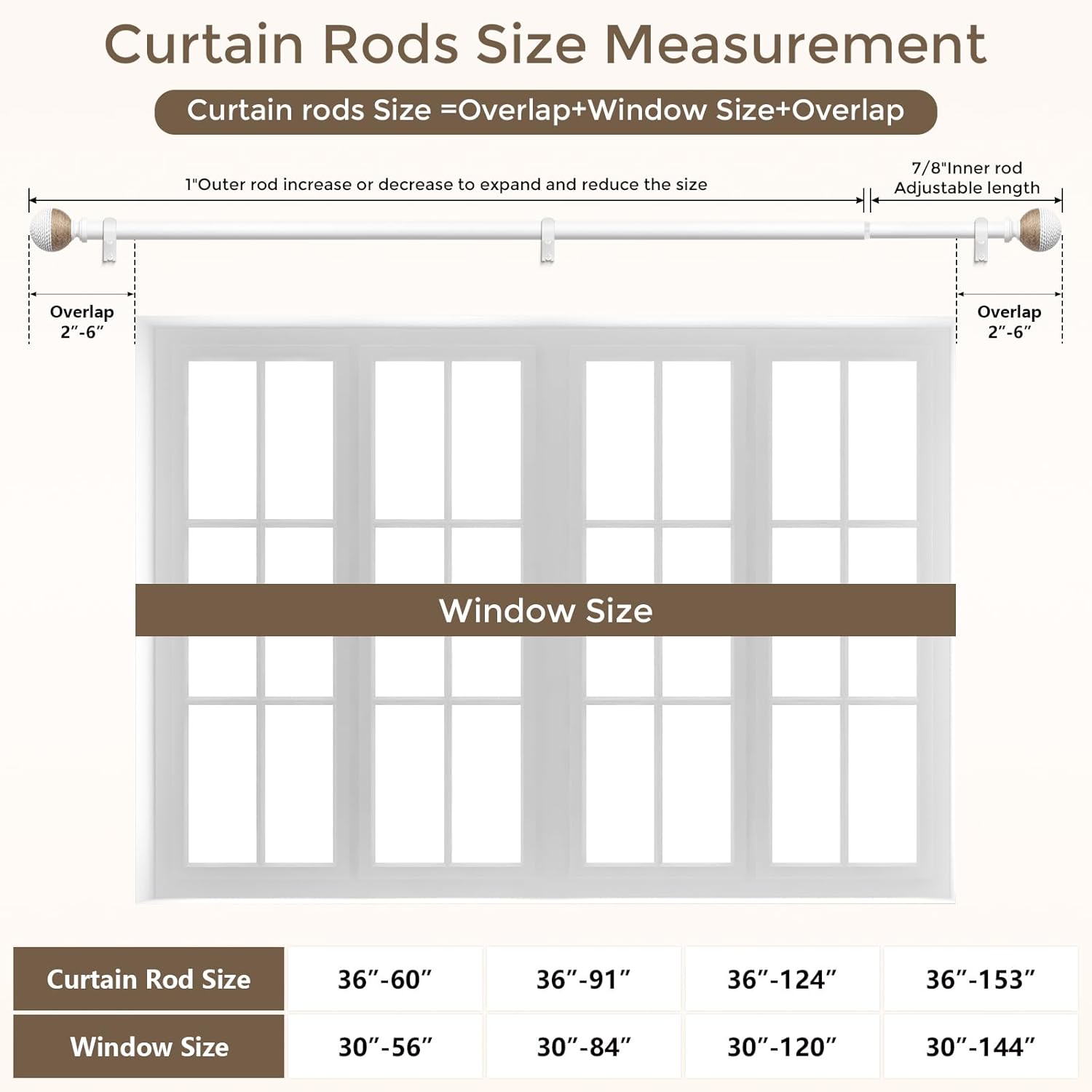 2 Pack White Boho Curtain Rods for Windows, 1" Adjustable Decorative Heavy Duty Window Treatment Rods 48 to 84 inch with Pinecone Twine Finials, Rustic Farmhouse Drapery Pole for Bedroom
