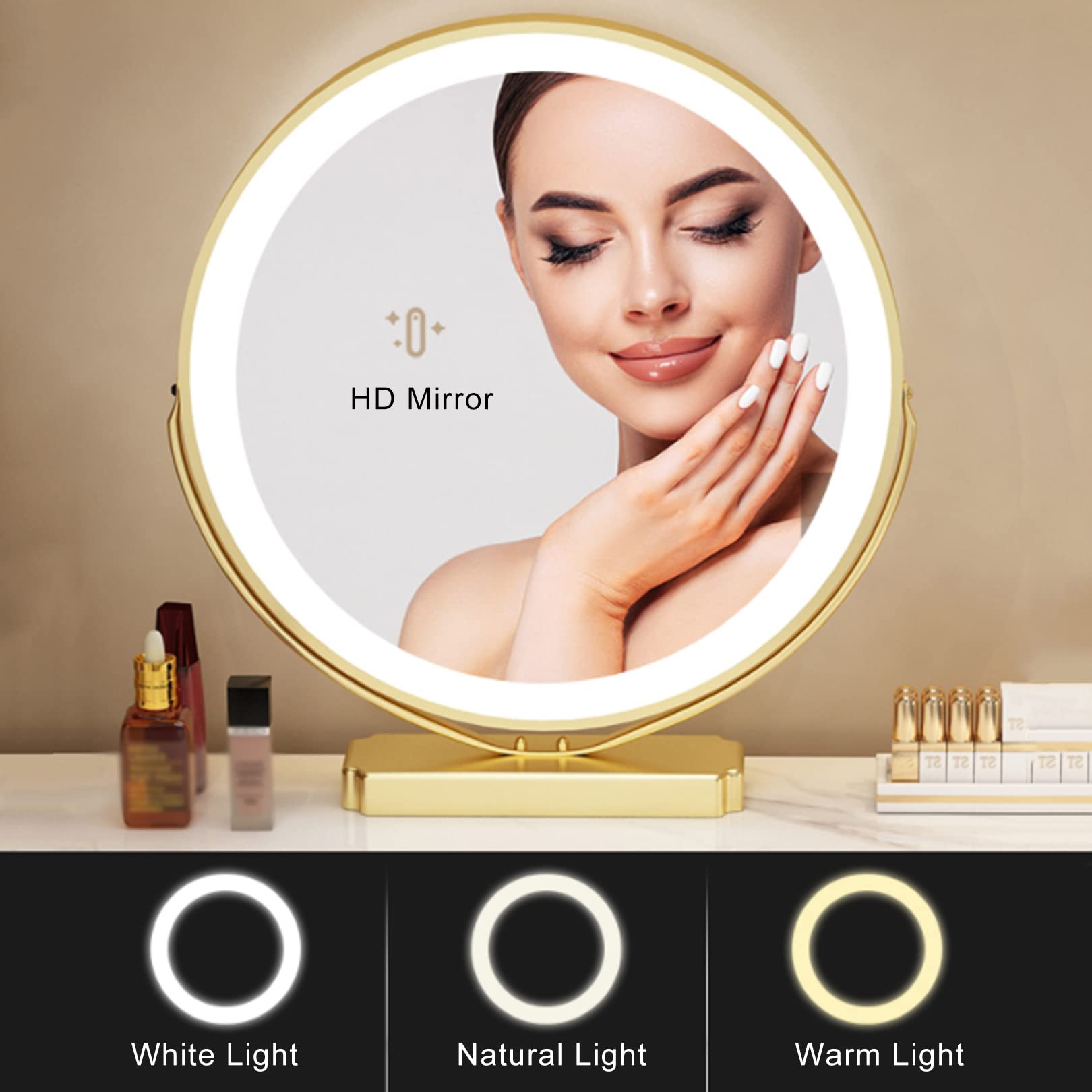 Scrivania moderna grigia con 4 cassetti, luminosità regolabile, specchio illuminato e sgabello, elegante tavolo da trucco per camera da letto, 60 cm, design elegante per gli amanti della bellezza