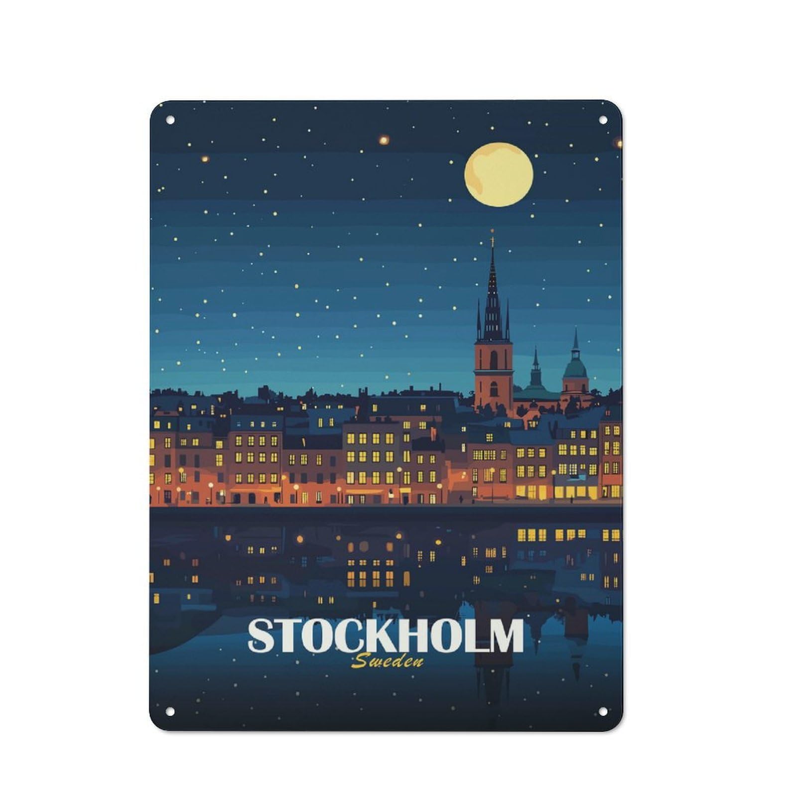Junmoney Style-7 Retro Stockholm Sweden Night Cityscape Illustration Vintage Metal Sign 40X30cm, Room Wall Plaque For Flat, Dorm Room, Lounge Or Cafe