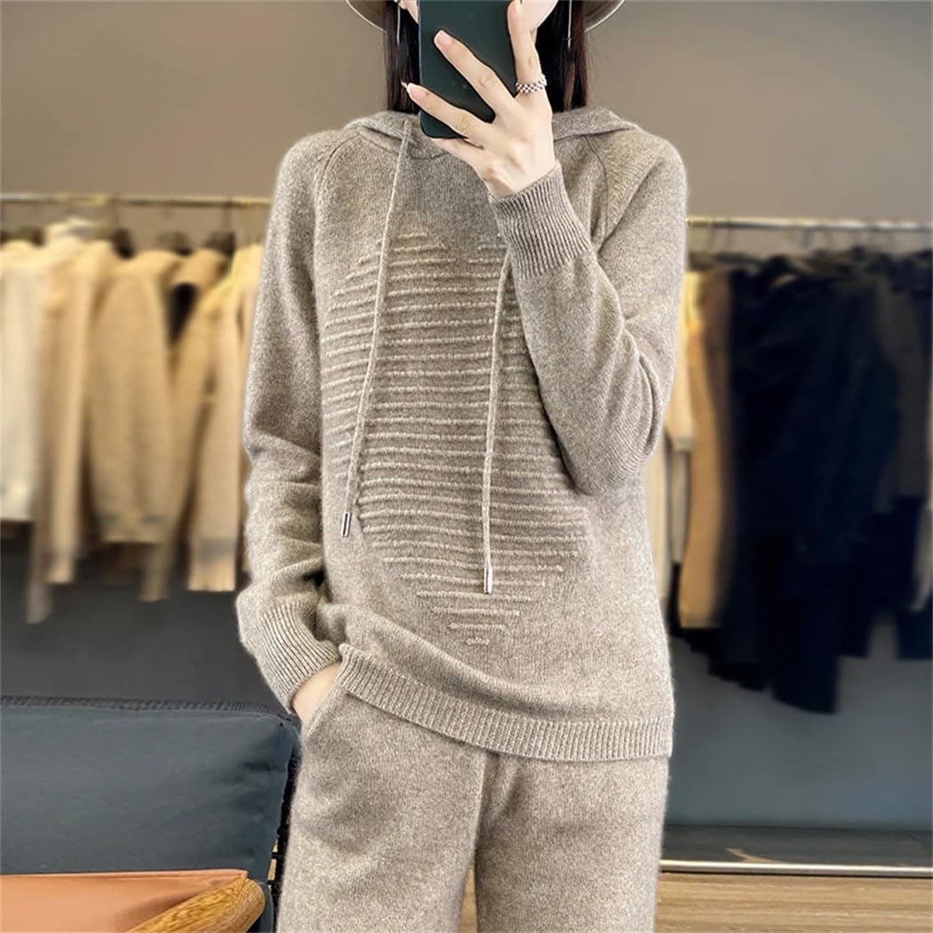 Herbst Winter Damen Anzug 100% Merinowolle Kapuzenpullover Casual Sweatpants Kleine Bein Hosen Gestrickt 2-teiliges Set