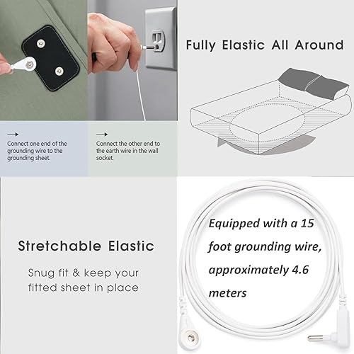 Miniatura 5 de Sábanas de tierra con cable de conexión a tierra de 15 pies, 5% fibra plateada y 95% fibra de algodón, reduce el estrés, mejora la calidad