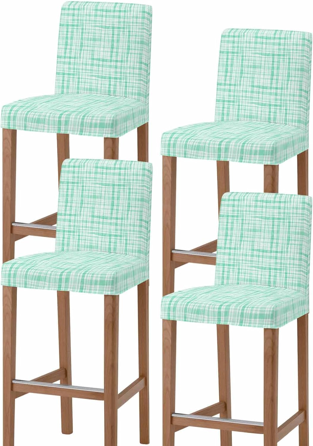 Bar Chair Stool Covers Set of 4, Teal Checkered Stretch Washable Removable Bar High Chair Cover, Watercolor Buffalo Plaid Teal Elastic Bar Chair Protector for Kitchen/Restaurant