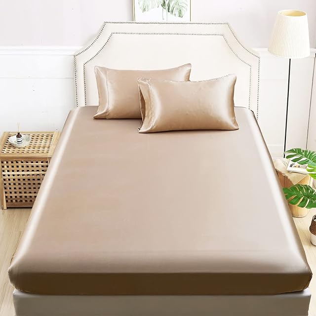 DuShow Satin Fitted Sheet Double Taupe,Silky Deep Pocket(35cm) Satin Bed Sheets,Breathable Soft Comfortable Satin Sheets Double,Fitted Sheet Only( Taupe,Double)