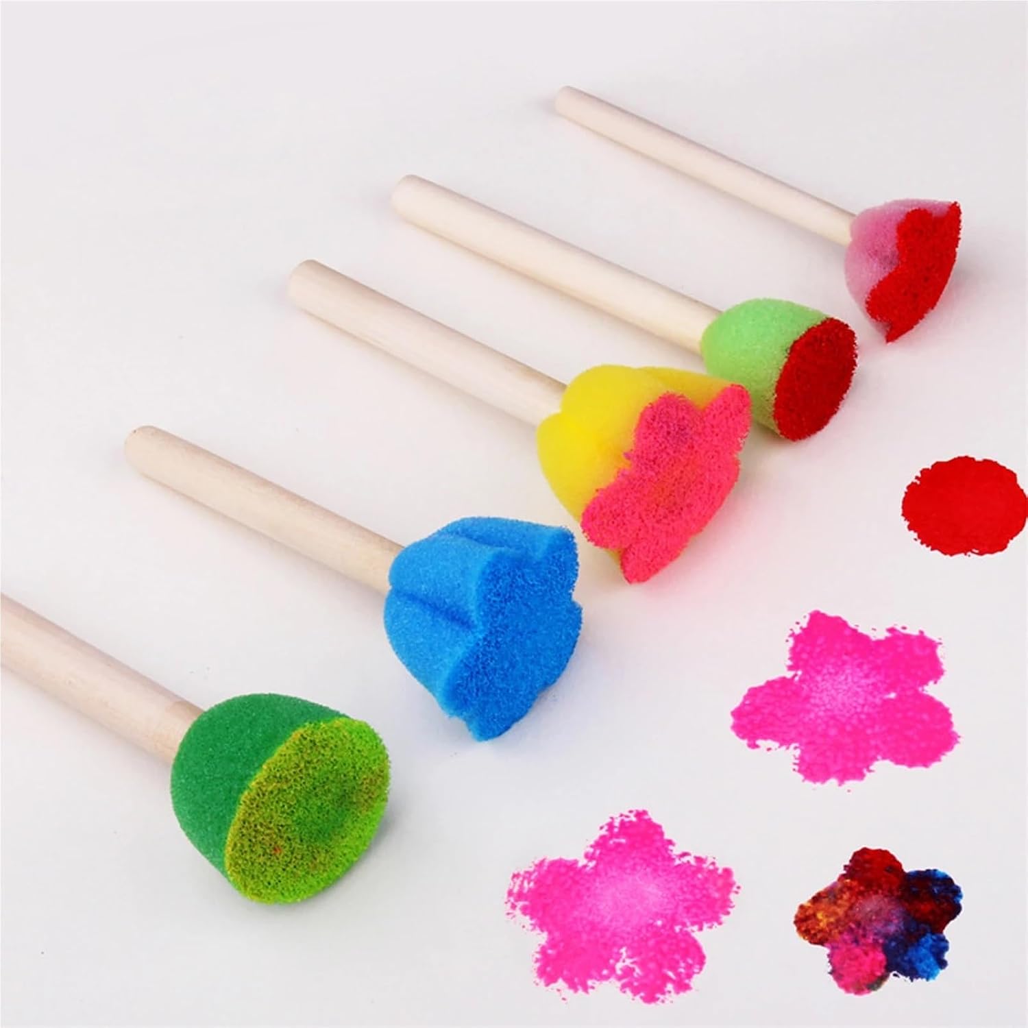 200 pcs Foam Sponge Brush with Wooden Handle Round Flower Multi Size Painting Tools for Kids Children DIY