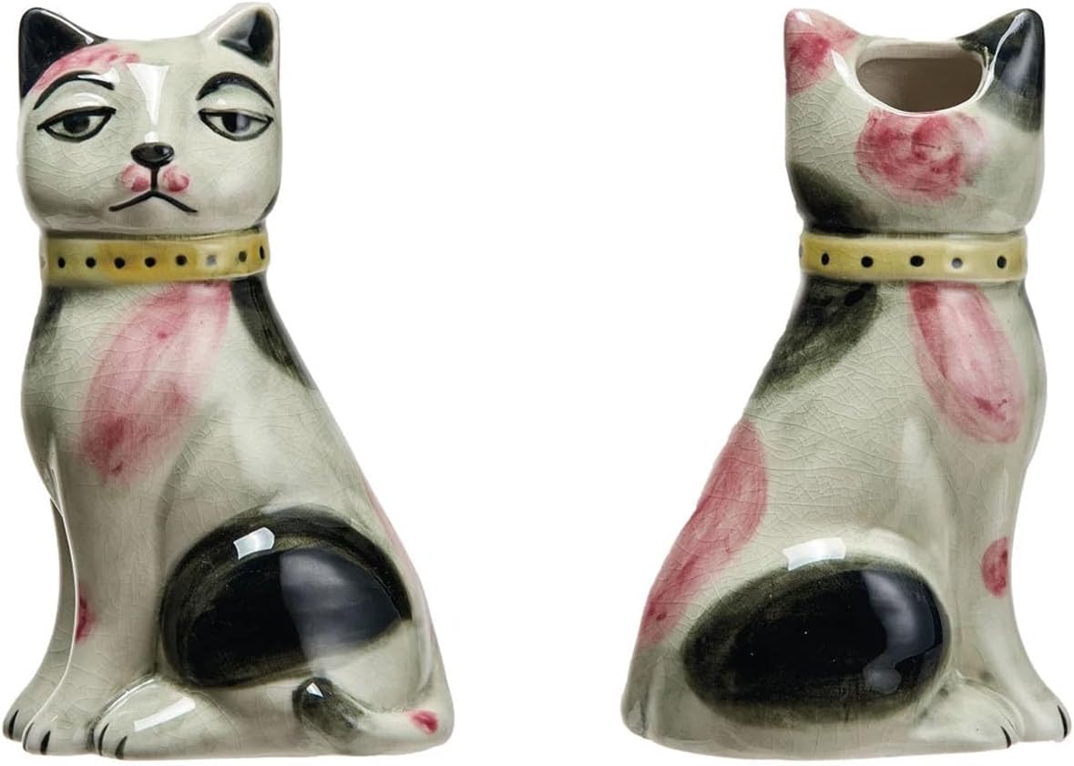 Hand-Painted Stoneware Vintage Reproduction Staffordshire Cat Vase with Crackle Glaze (Each One Will Vary)