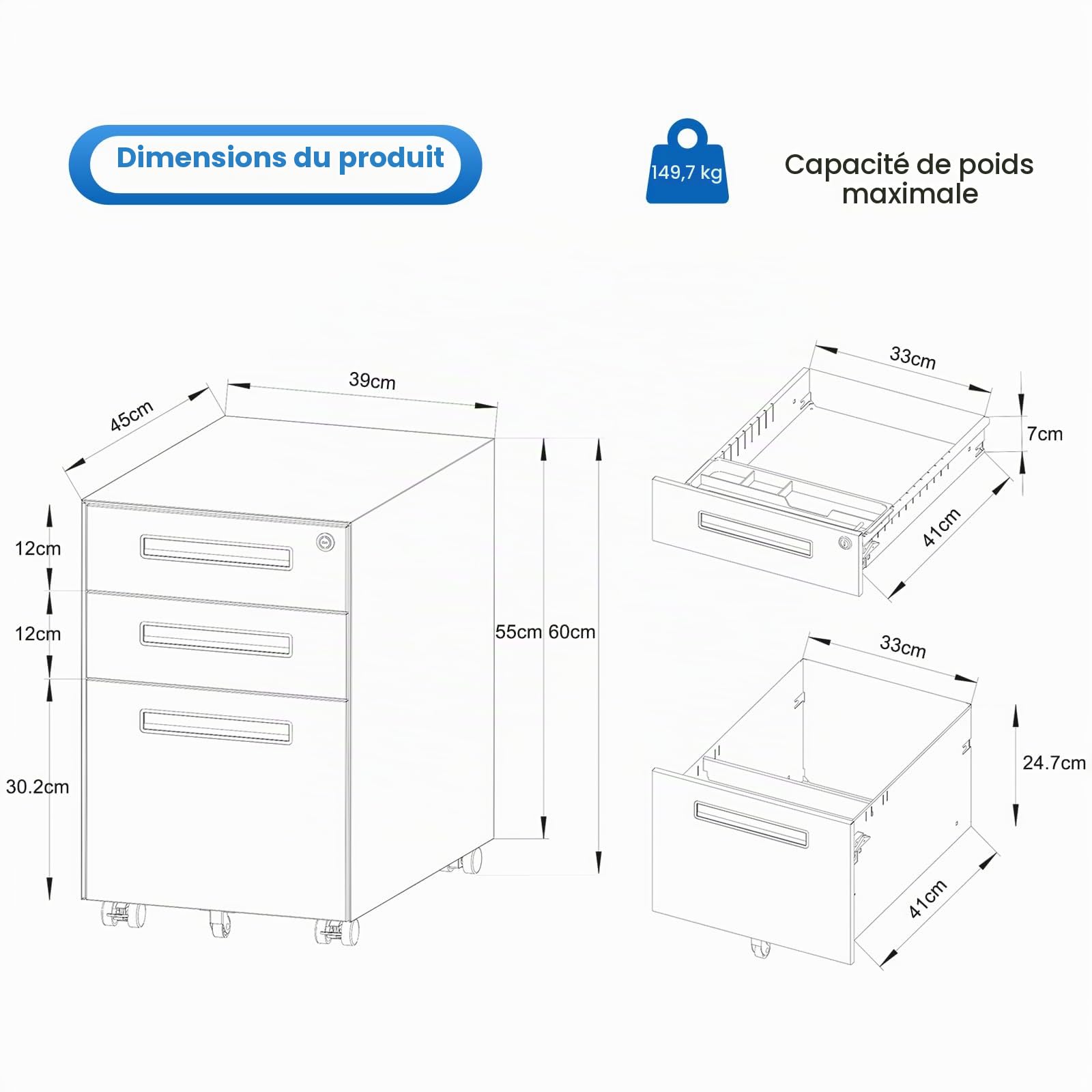 Dripex Caisson Bureau 3 Tiroirs, Caisson de Bureau Métal avec roulettes et Serrure pour Rangement de Documents et Dossier Suspendu pour Travail, Bureau à Domicile, 45 x 39 x 60 cm - Noir