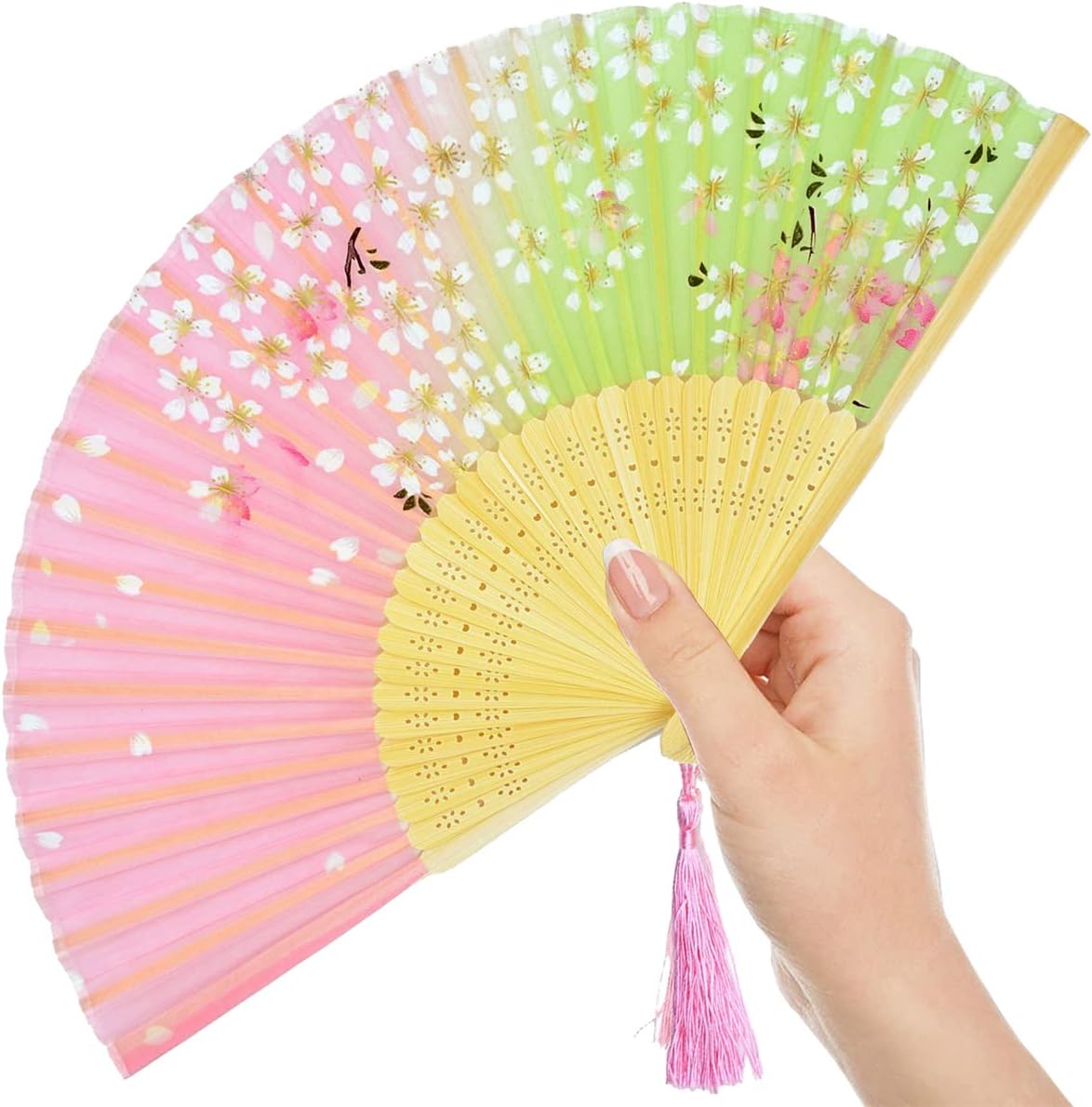 Lysa Women Hand Held Silk Folding Fan with Bamboo Frame-Silk Tissue Protective Sleeve - Chinese/Japanese Style of “Sakura Butterfly Love” Pattern (WZS-45)