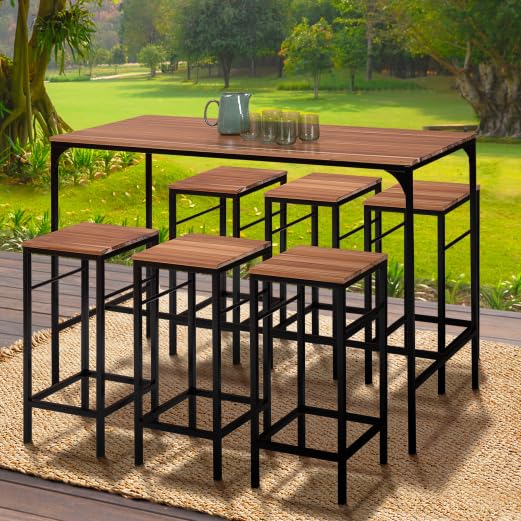 IDMarket – Salón de jardín Panamá Conjunto de bar de mesa alta y 6 taburetes de diseño industrial acacia