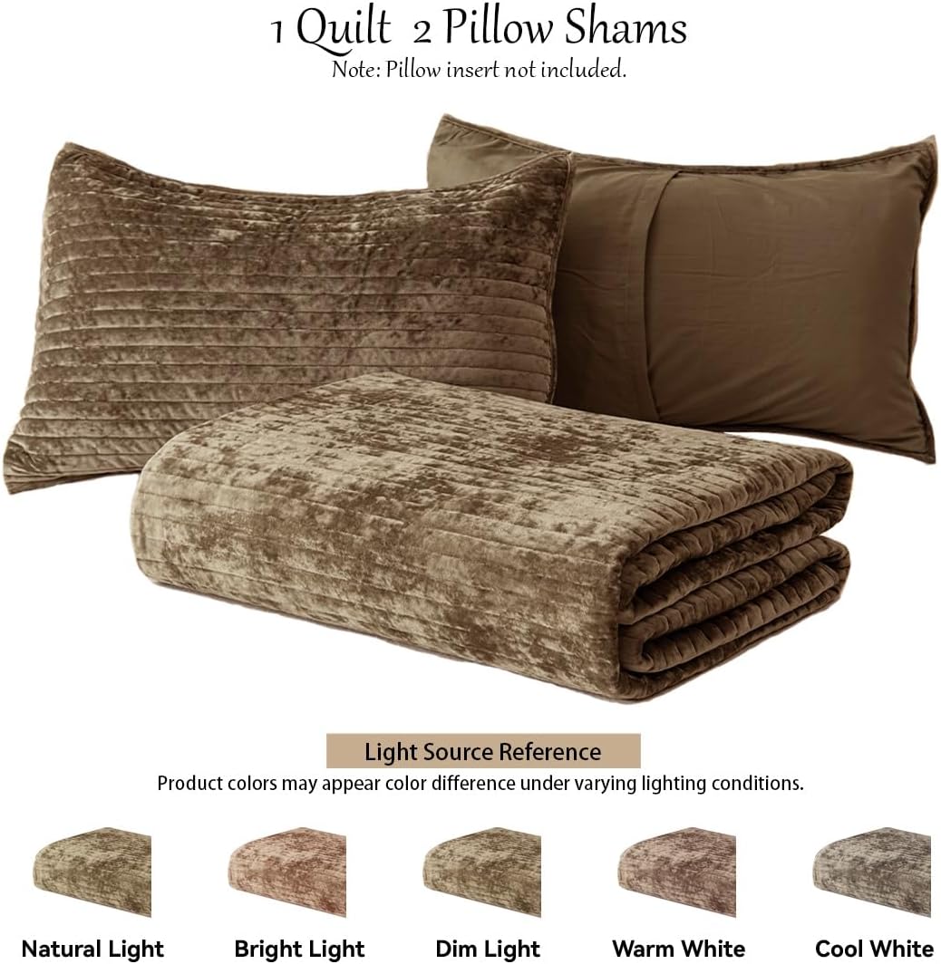 Velvet California King Size Bedding Set 106x118 Pack of 3 Soft Striped Quilt Set Includes 2 Pillowcases 20×36 Lightweight Comfort for All-Season,Brown