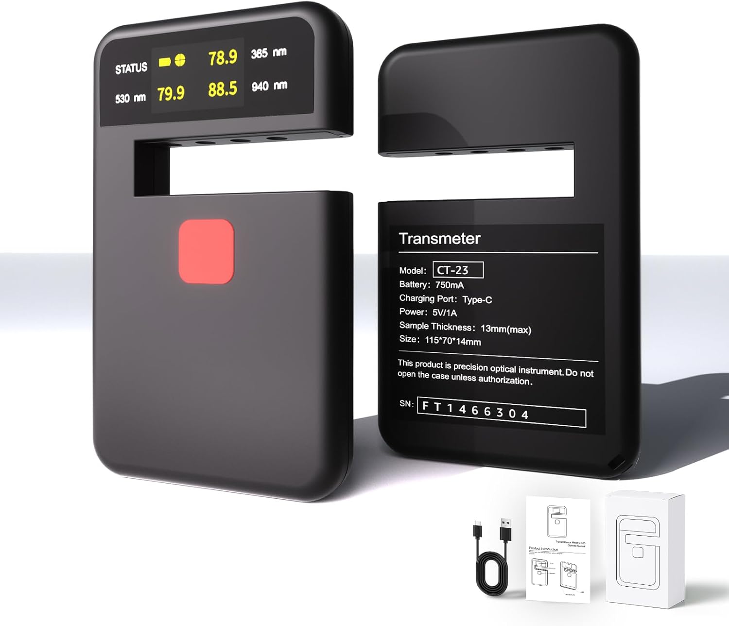 Digital Tint Meter Handheld Window Tint Solar Film Transmission Meter Type-C Charge VLT UV IR Detection Transmittance Meter Automatic Calibration Auto Glass Solar Film Tester Max 1/2" Thickness