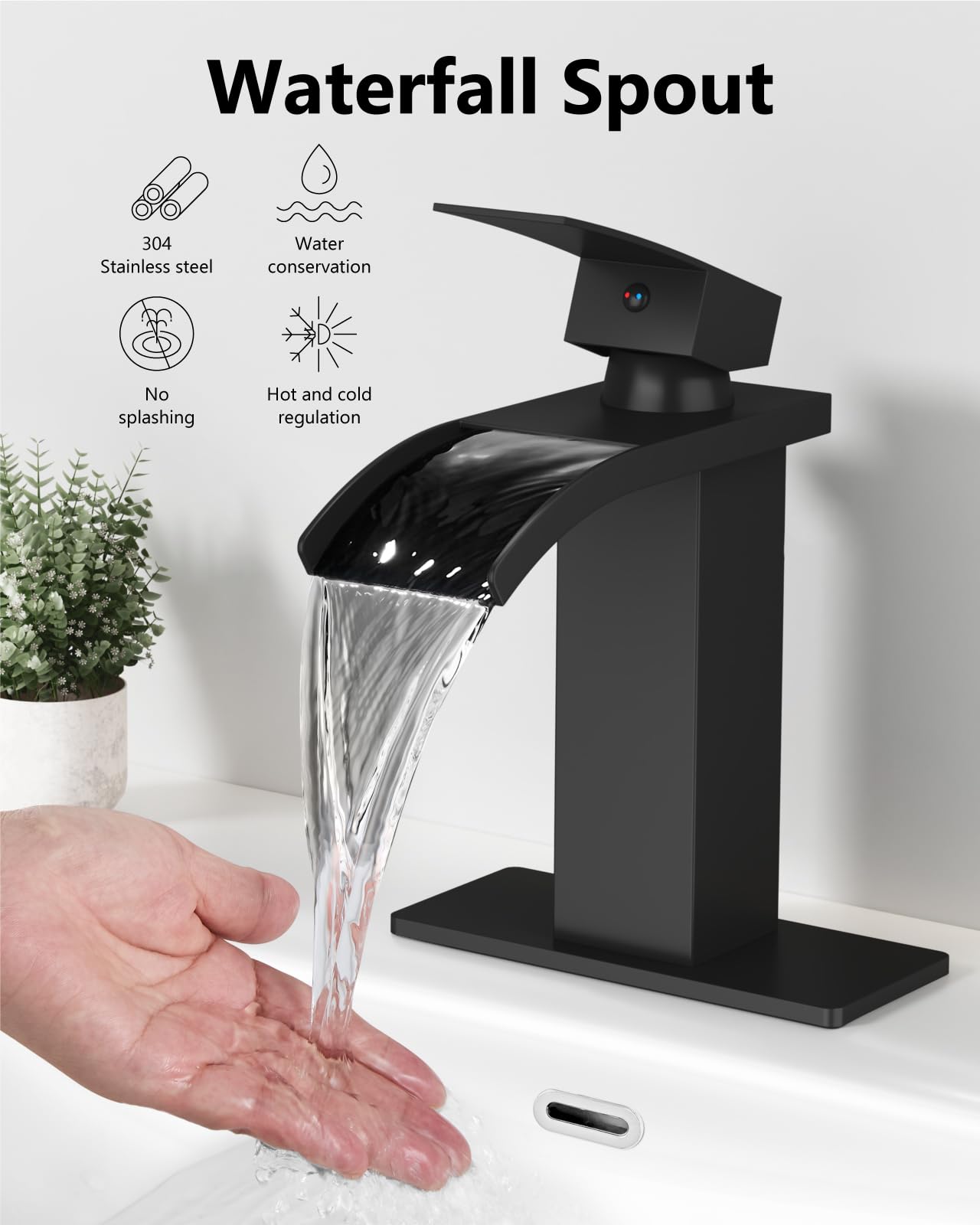 Waterfall Bathroom Faucet for 1 Hole Single Handle Vanity Bathroom Sink Faucet with Deck Plate Pop-up Drain Supply — view 3