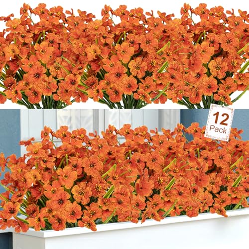 Ouddy Decor 12 Bundles Artificial Fall Flowers for Outdoors Fake Mums Fall Silk Flowers UV Resistant Faux Plastic Plants for Indoor Outdoor Vase Box Garden Porch Window Box Home Autumn Decor, Orange