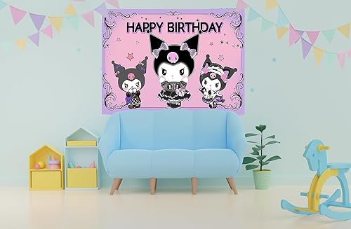 Miniatura 3 de Telón de fondo de Kuromi de feliz cumpleaños para suministros de fiesta, 5 x 3 pies, cartel de baby shower con tema Kuromi para decoraciones de