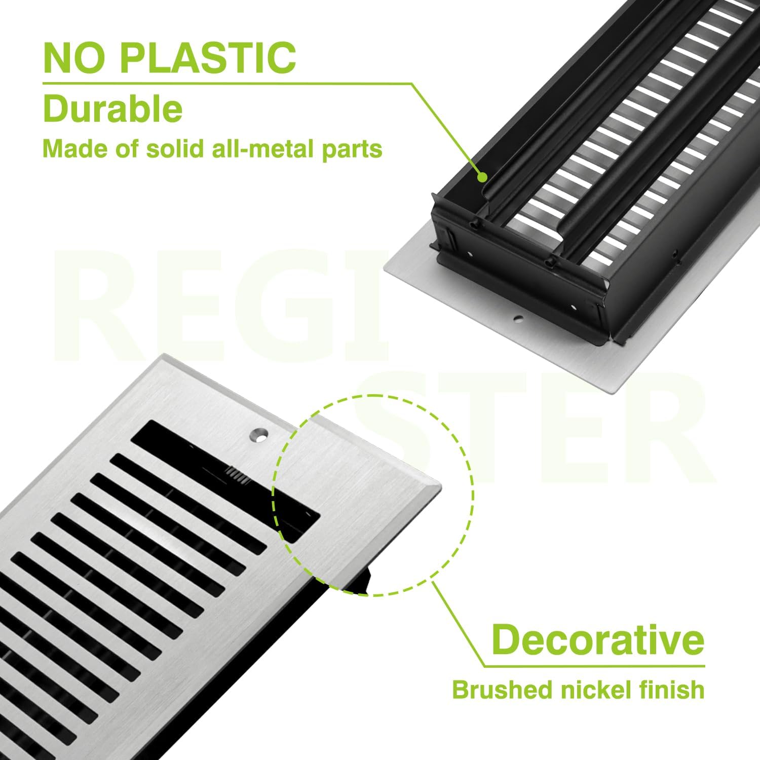 Naiture Stainless Steel Wall Register, Heavy Duty Rust-Resistant Air Vent Cover, Metal Damper or Lever, Modern Style Grille Wall Vent (Brushed Nickel, 4" X 14")