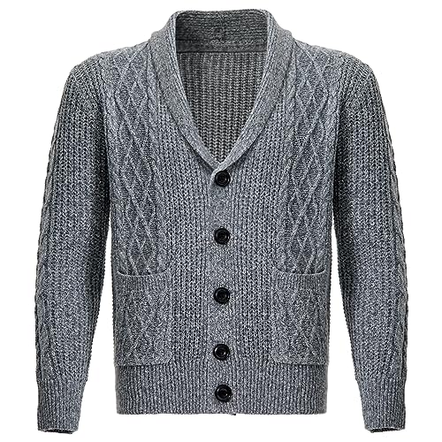 Men's Shawl Collar Cardigan Sweater Long Sleeve Casual V Neck Button Down Cable Knitted Sweater with Pockets2