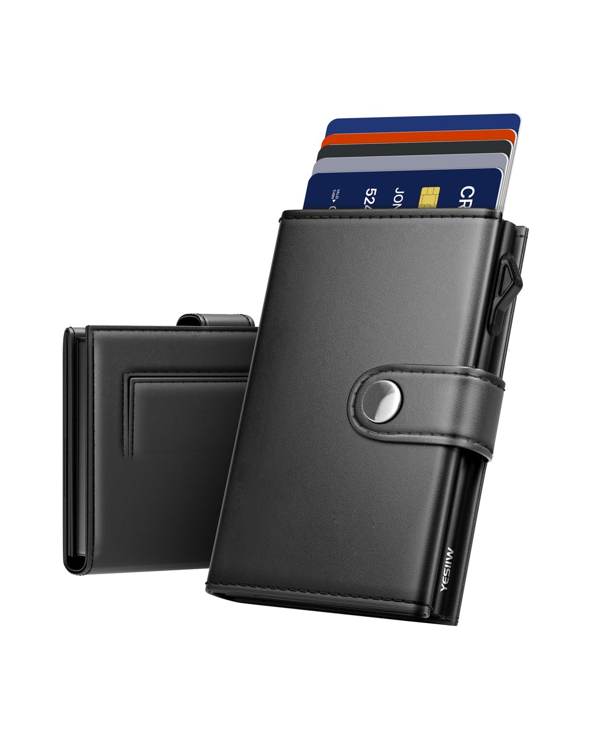 YESIIW Porta Carte Uomo Portafoglio RFID Bloccante Pelle Minimalista Smart Pop Up Portafoglio Tasca per Monete Magnetica, Porta Carte di Credito Trifold, Chiusura Bottone, Contiene 2 Finestre per ID