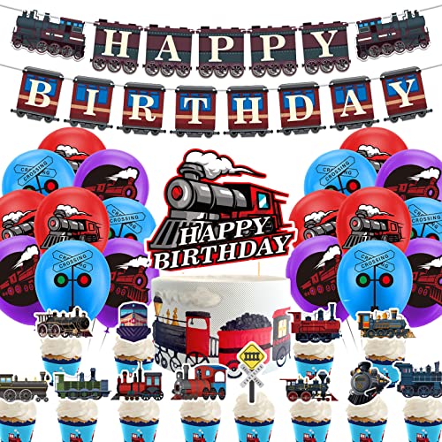 Retro Train Birthday Party Supplies - Includes Train Happy Birthday Banner, Cake Topper, Cupcake Toppers, Balloons for Vehicle Party Decorations