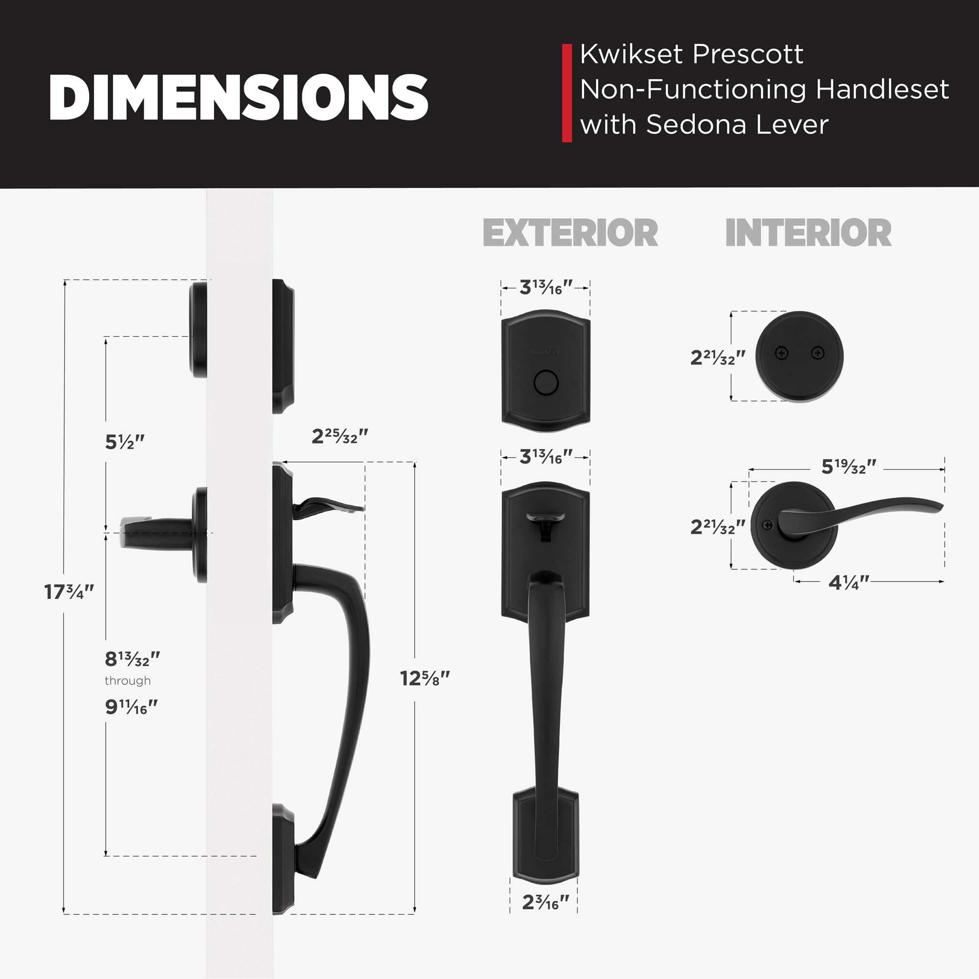 Kwikset Prescott - Juego de manija y cerrojo de seguridad para puerta delantera, juego de manijas simuladas exterior con palanca reversible interior, cerrojo de seguridad de bloqueo seguro, negro mate