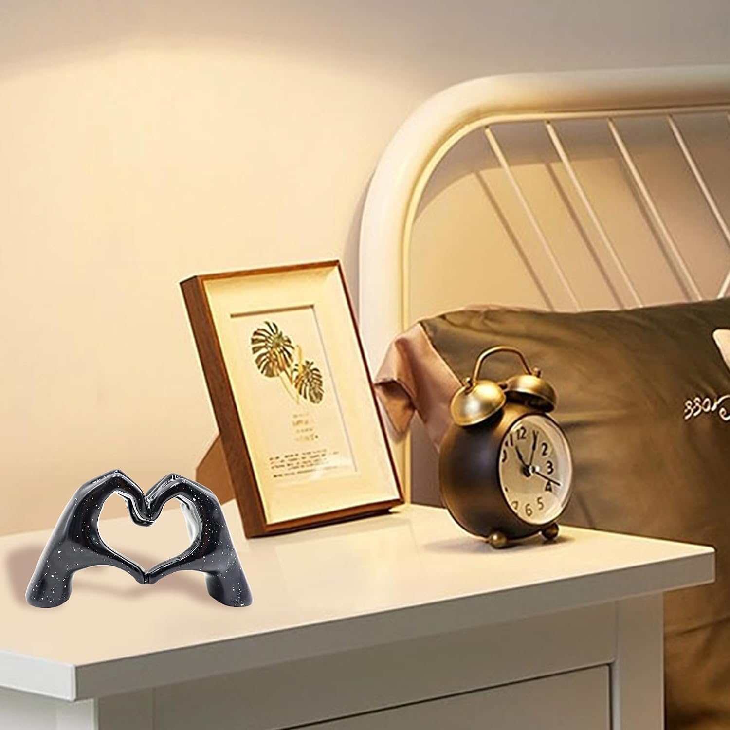 Small Heart Hands Sculpture Decor, Resin Golden Modern Abstract Love Finger Statue, Hand Model Decoration for Home Living Room Bedroom Bookshelf Shelves Wedding Office Desk Table 2.8″ H image 4
