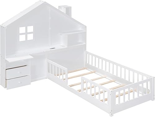 Miniatura 94 de Cama de madera de tamaño individual con cabecero en forma de casa con vallas, altura baja al suelo, para dormitorio de niños y niñas (blanco-01)