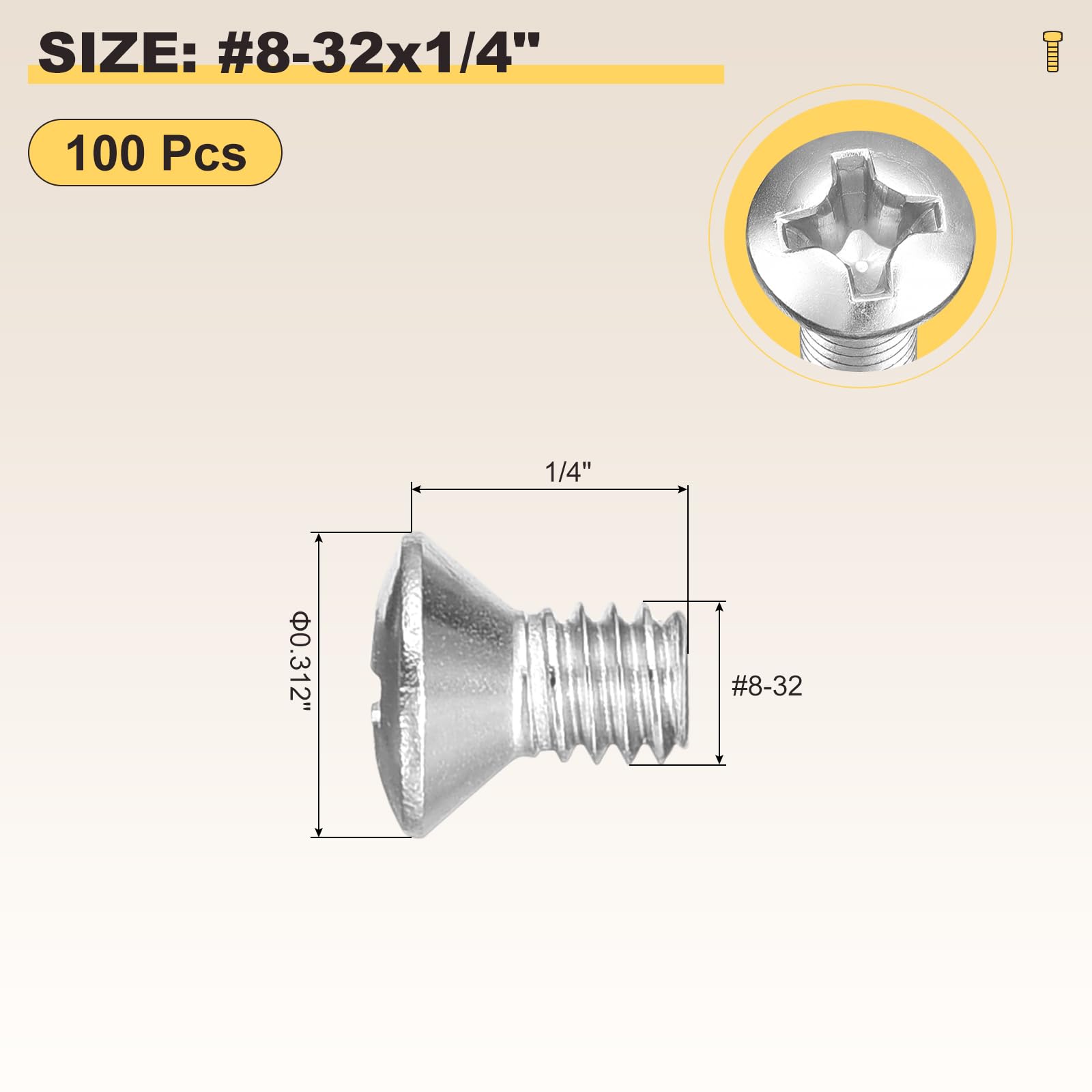 METALLIXITY Phillips Cross Recessed Countersunk Head Screws Bolts (#8-32x1/4") 100Pcs - Image 2