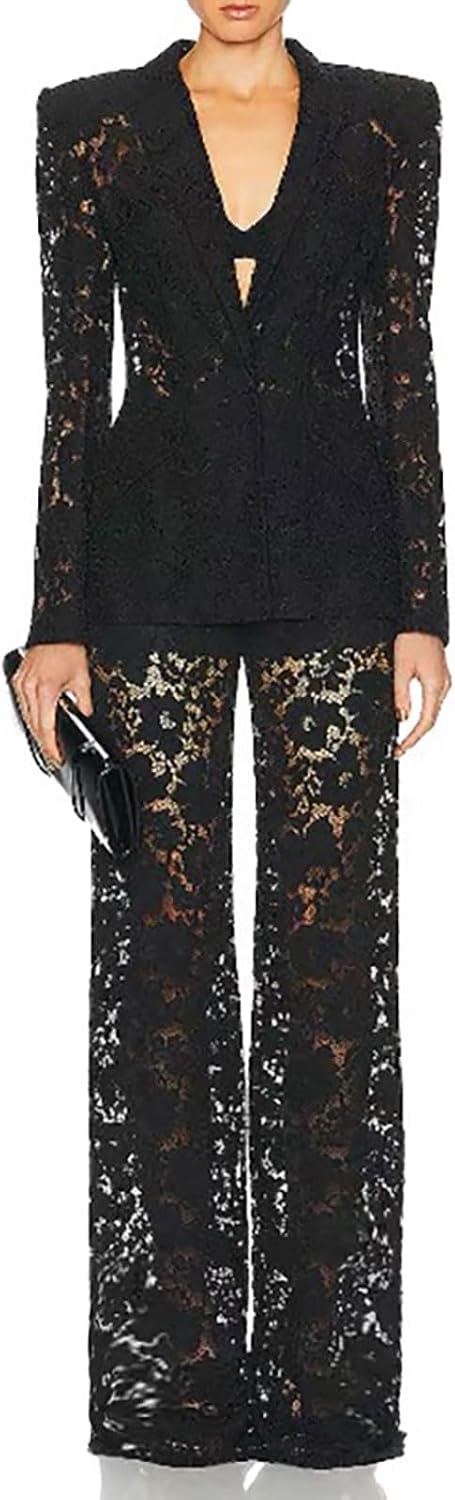 Women's Sexy Floral Lace 2 Pieces Suit Set One Button Transparent Sheer Blazer Jacket Straight Leg Pants Suit Outfit