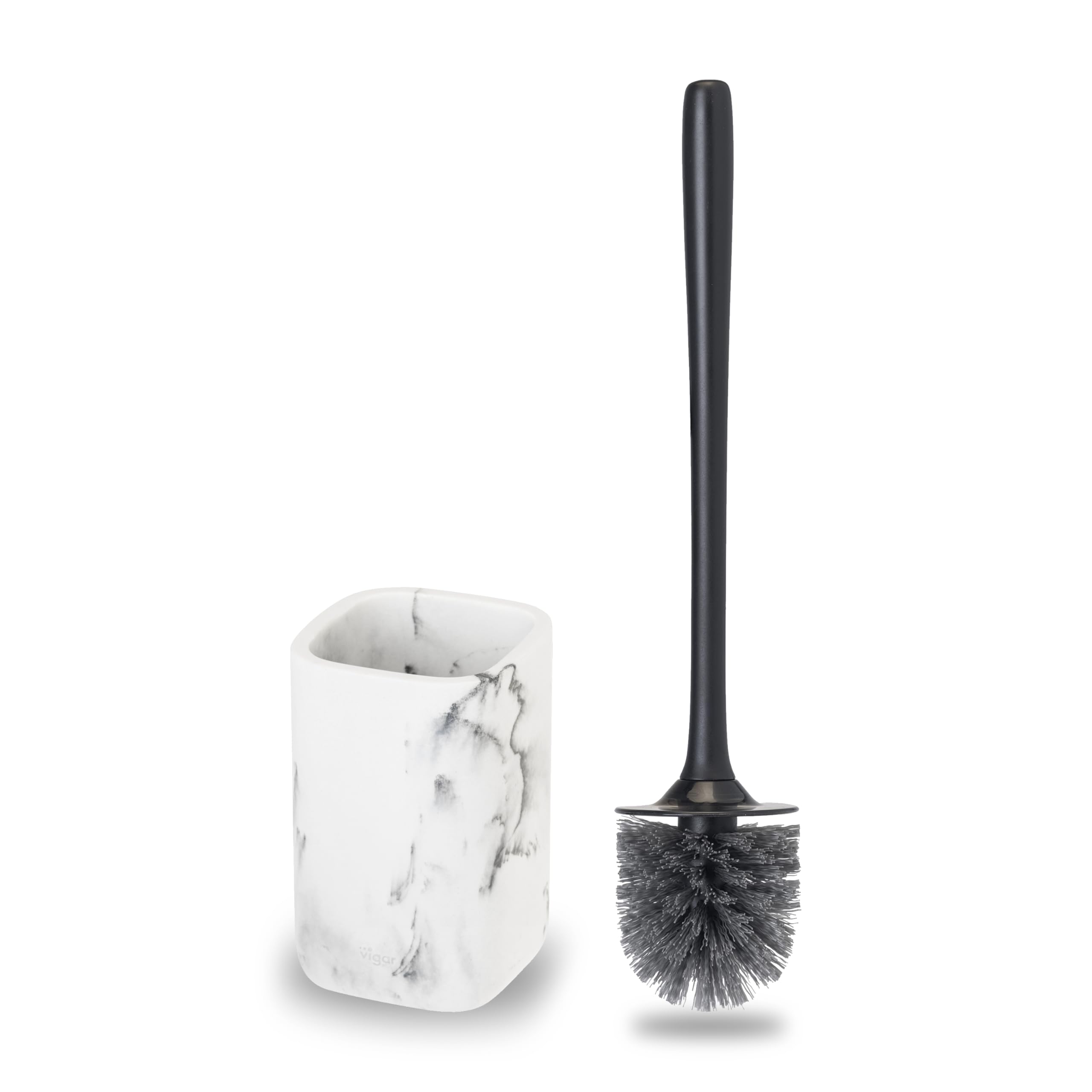 Vigar Zense Toilet Brush and Holder Set, Polyresin Stone, White Marble