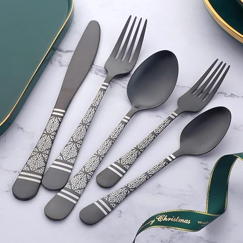 Miniatura 2 de Juego de cubiertos martillados negros para 4, 20 piezas, diseño único de acero inoxidable, incluye cuchillos, tenedores, cucharas, esmalte de espejo