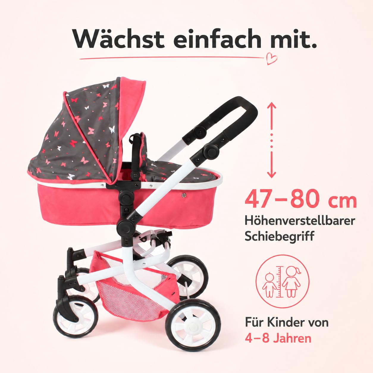 Bayer Chic 2000 Mika wózek dla lalek 2 w 1, koralowy motyl, składany, z regulacją wysokości 47-80 cm, nowoczesny stelaż, lalki do 52 cm, 4-8 J.