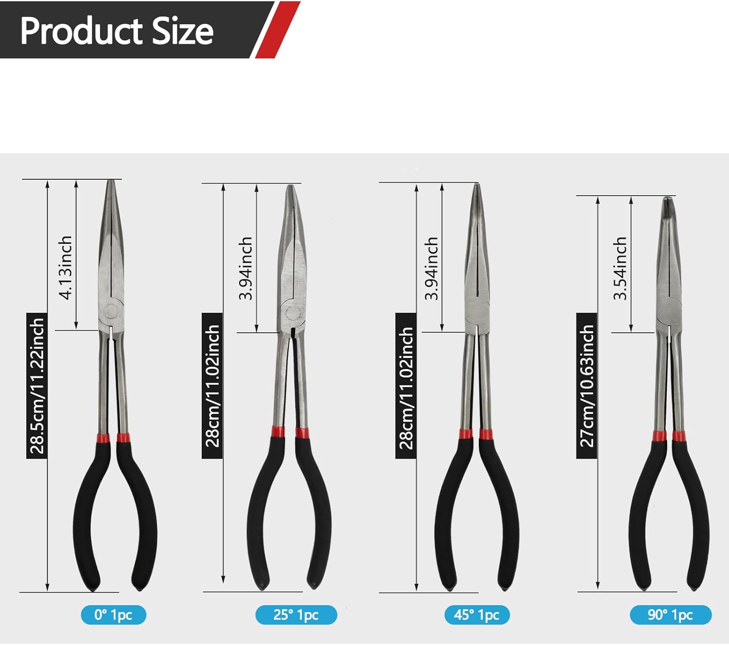 4-Piece 11" Precision Long Nose Pliers Set with Insulated Comfort Grip Handles,Straight Long Needle Nose Pliers,25/45/90 Degree Angle Curved Pliers for Wire Bending,Shaping,Trimming