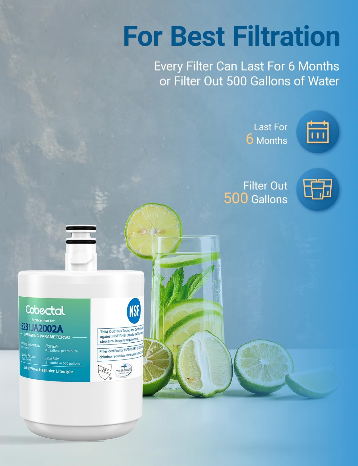 5231JA2002A Water Filter Replacement for LG LT500P®, GEN11042FR-08, ADQ72910911, ADQ72910901, Fit for Kenmore 9890, 46-9890, LFX25974ST, LMX25964ST, LSC27925ST, 4 Pack,by Cobectal