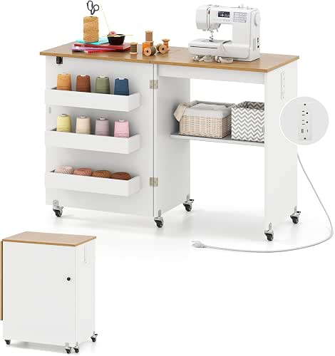 Giantex Folding Sewing Table with Charging Station, Rolling Craft Table