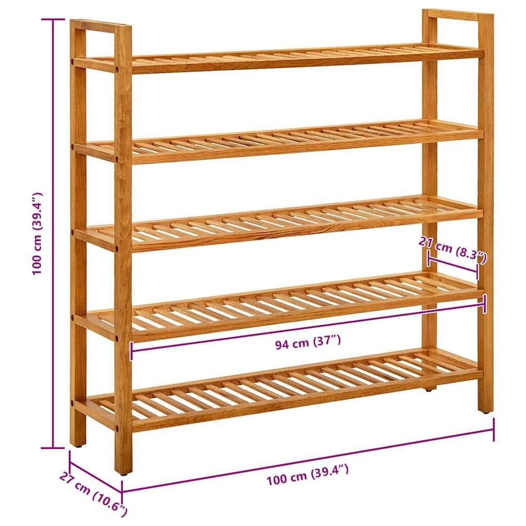 Regał na buty z 5 półkami z litego drewna dębowego, 100 x 27 x 100 cm, nie zajmuje dużo miejsca i można układać w stos, do korytarza, przedpokoju, przedpokoju, systemu porządkowania butów i