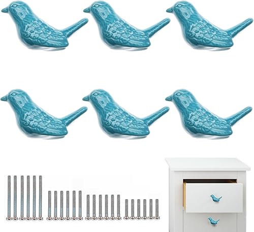 Pomos de cerámica con forma de pájaro para puertas y cajones, pomos para muebles y cocina, tiradores para armarios con tornillos, paquete de 6