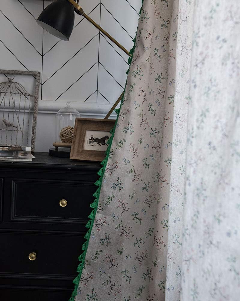 vctops Farmhouse Floral Printed Cotton Linen Curtains with Green Tassels Boho Room Darkening Window Curtain Panel for Living Room Bedroom, 1 Piece (59"x87",Floral)